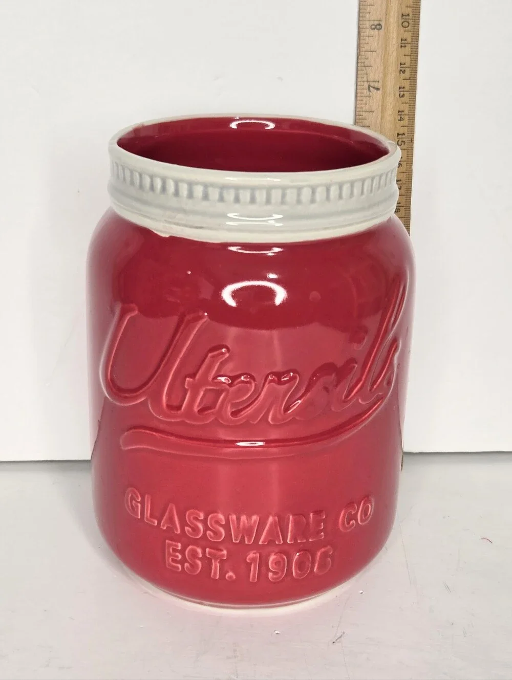 Red Ceramic Mason Jar Crock Utensil Holder Farmhouse Vase Country Decor